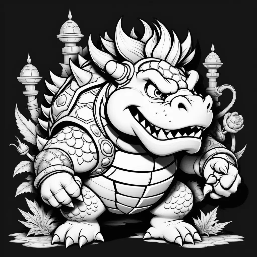 Black and white coloring page of a Bowser character