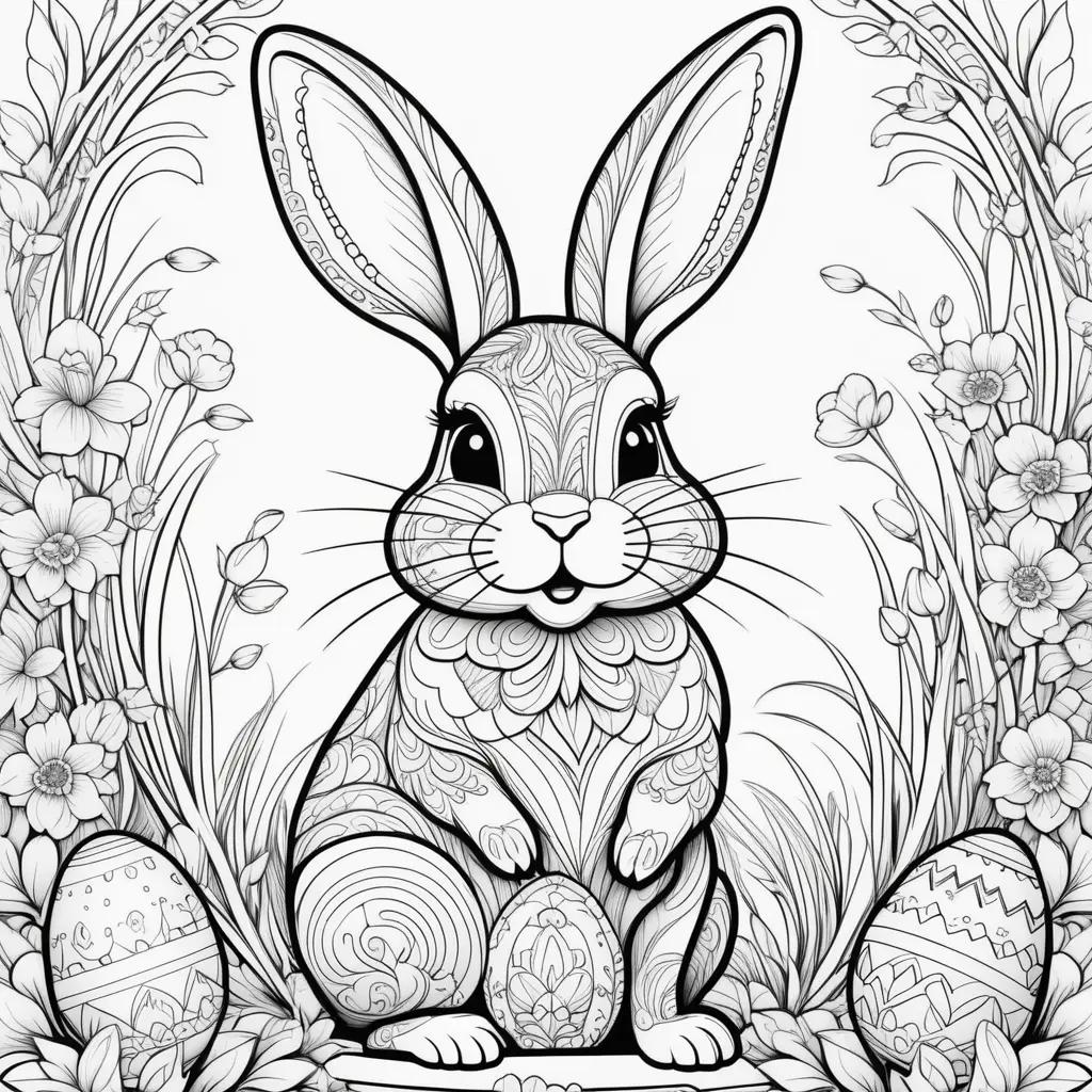 Black and white coloring page of a Easter bunny with eggs