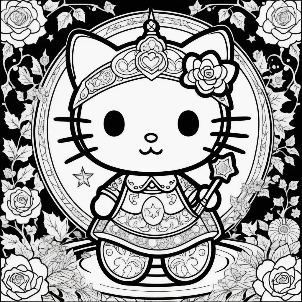 Black and white coloring page of a Hello Kitty Halloween princess