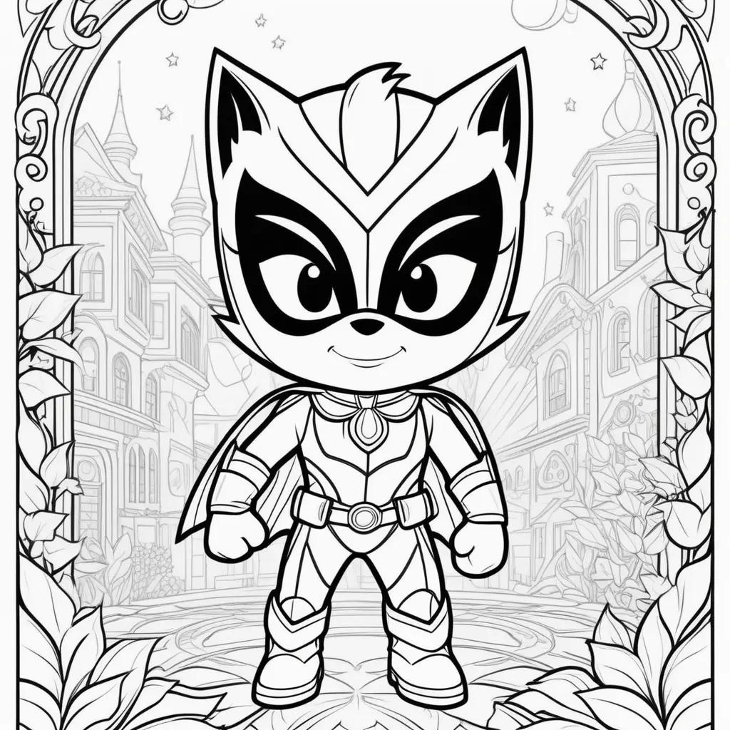 Black and white coloring page of a PJ Mask character