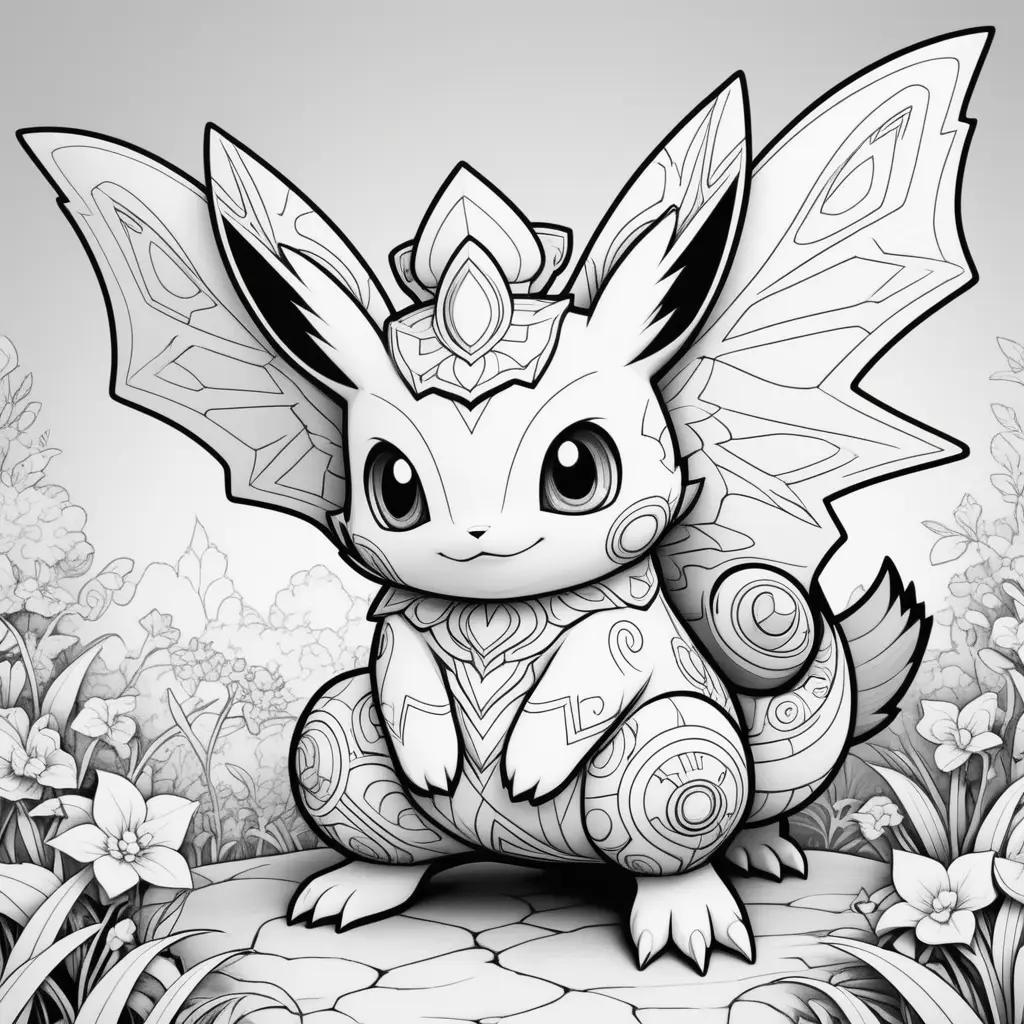 背景に花があるポケモンの白黒ぬりえ