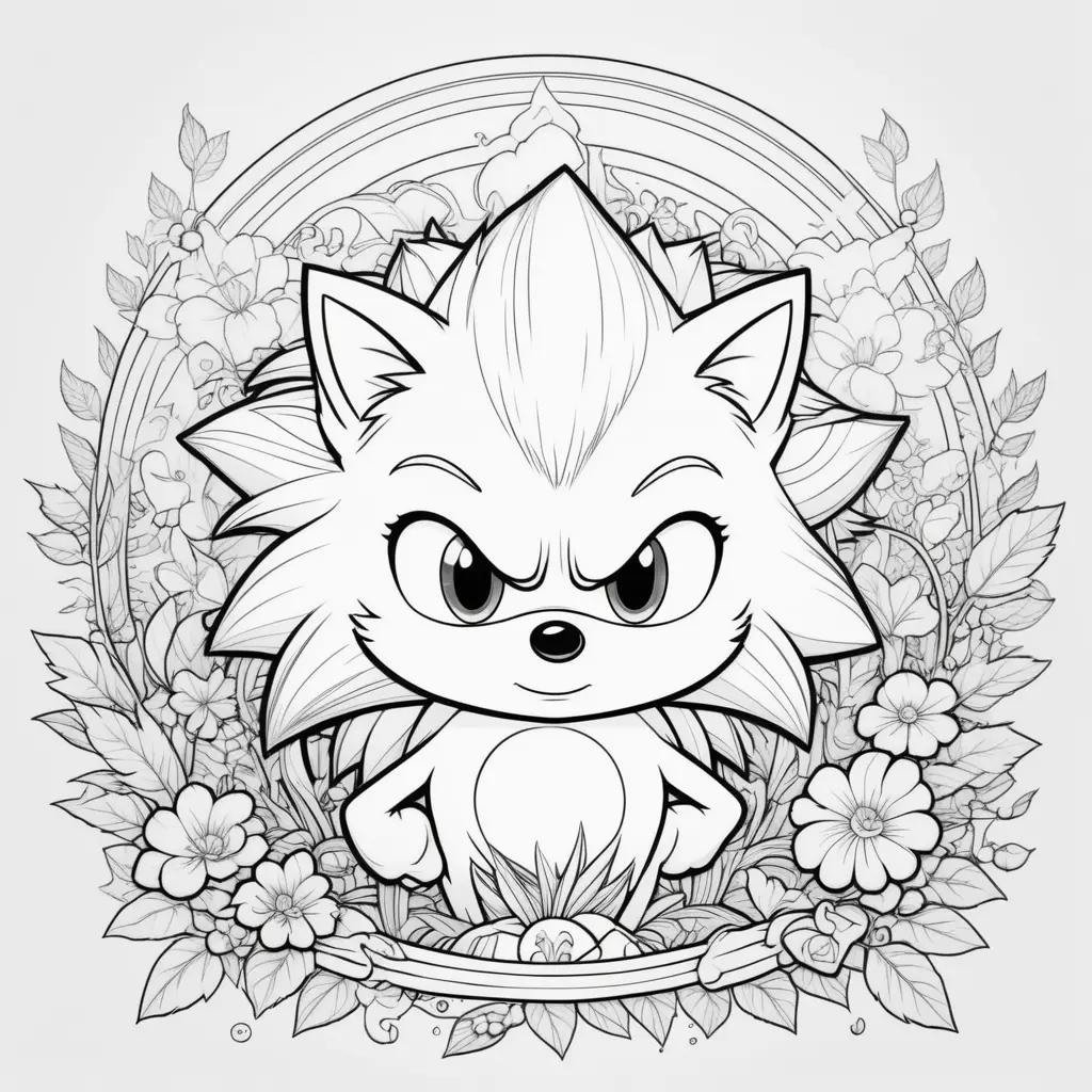 Black and white coloring page of a Sonic hedgehog with a flower wreath