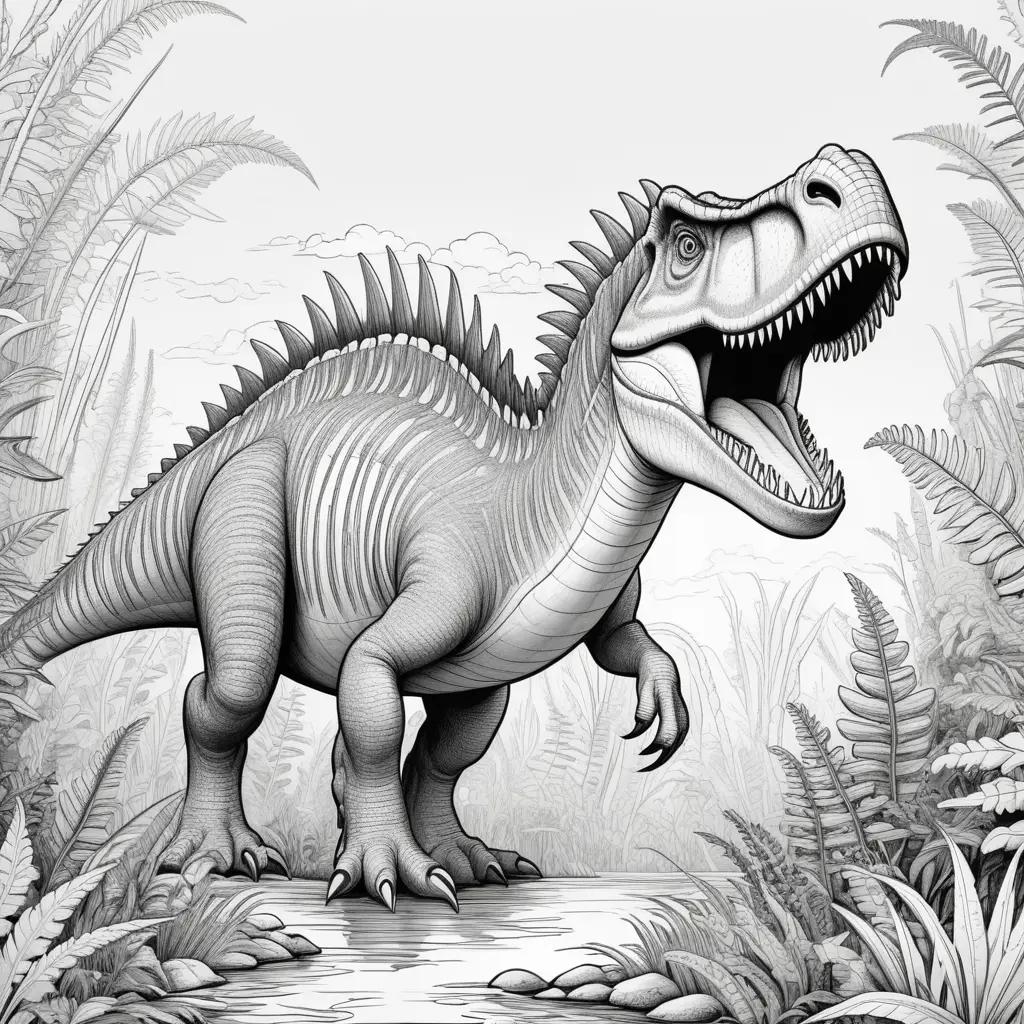 Black and white coloring page of a Spinosaurus