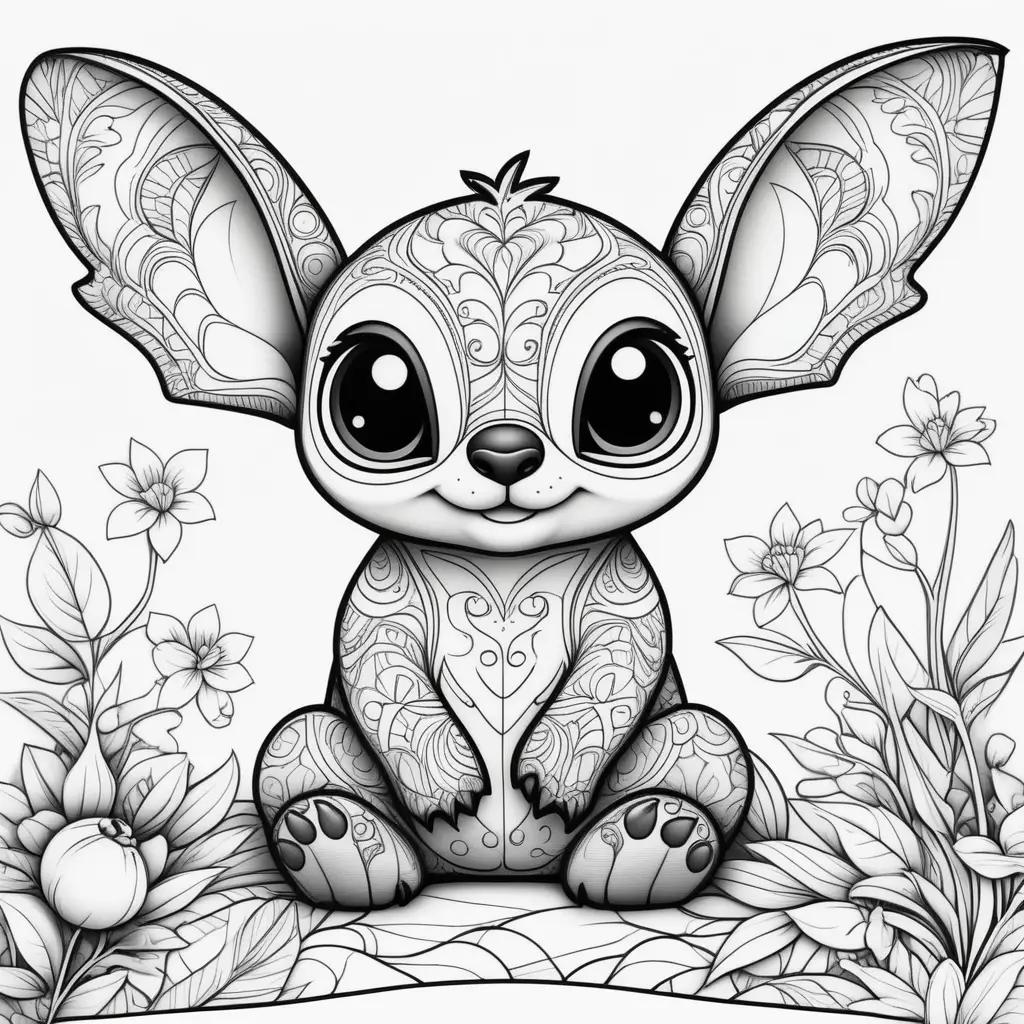 Black and white coloring page of a Stitch doll