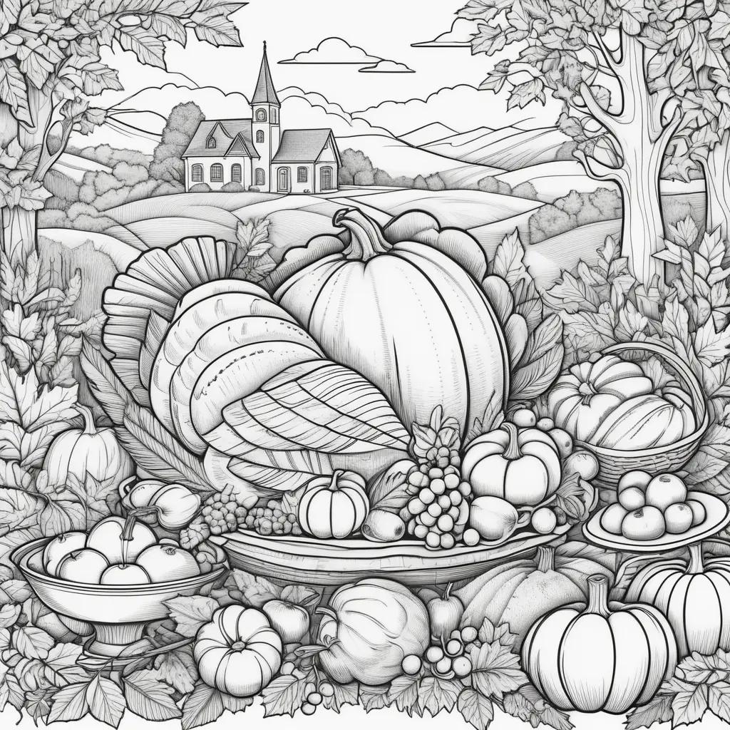 Black and white coloring page of a Thanksgiving Day feast