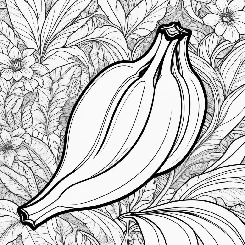 Black and white coloring page of a banana with flowers in the background