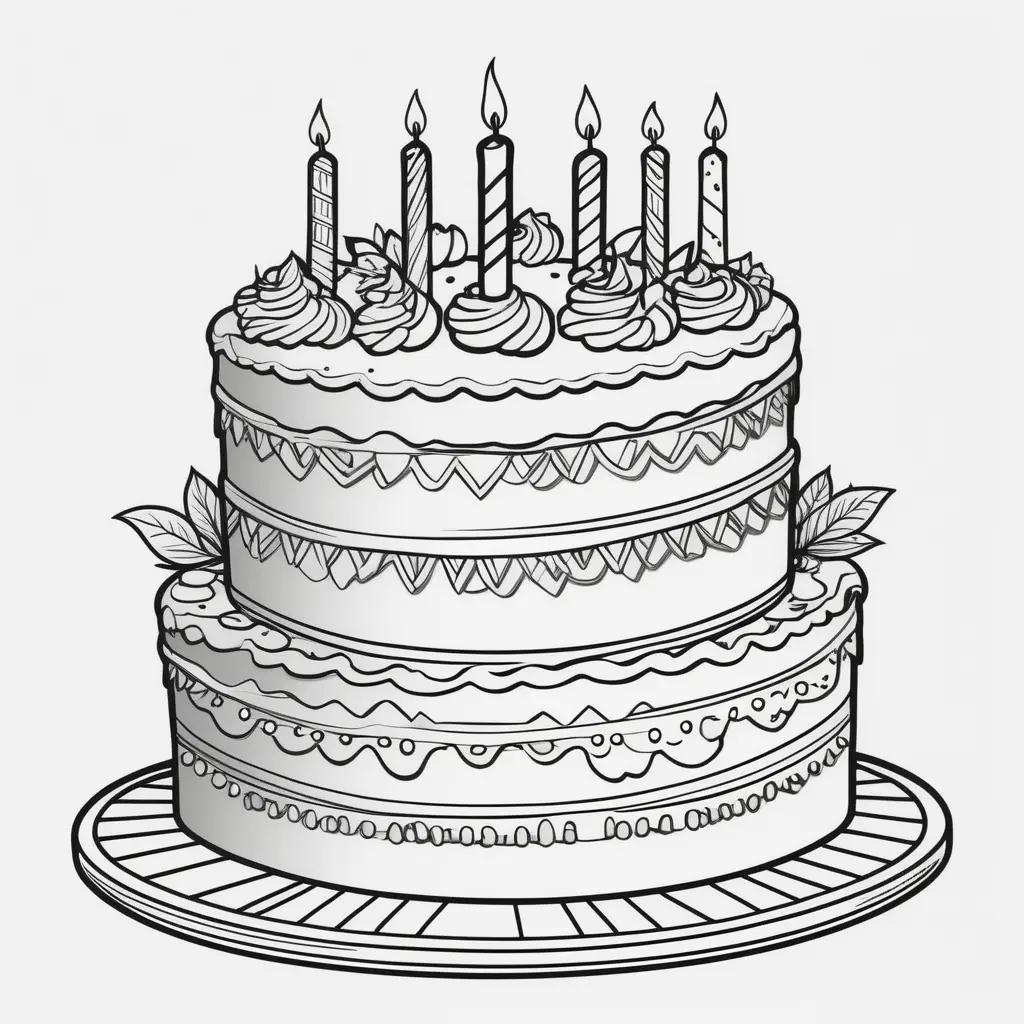 Black and white coloring page of a birthday cake