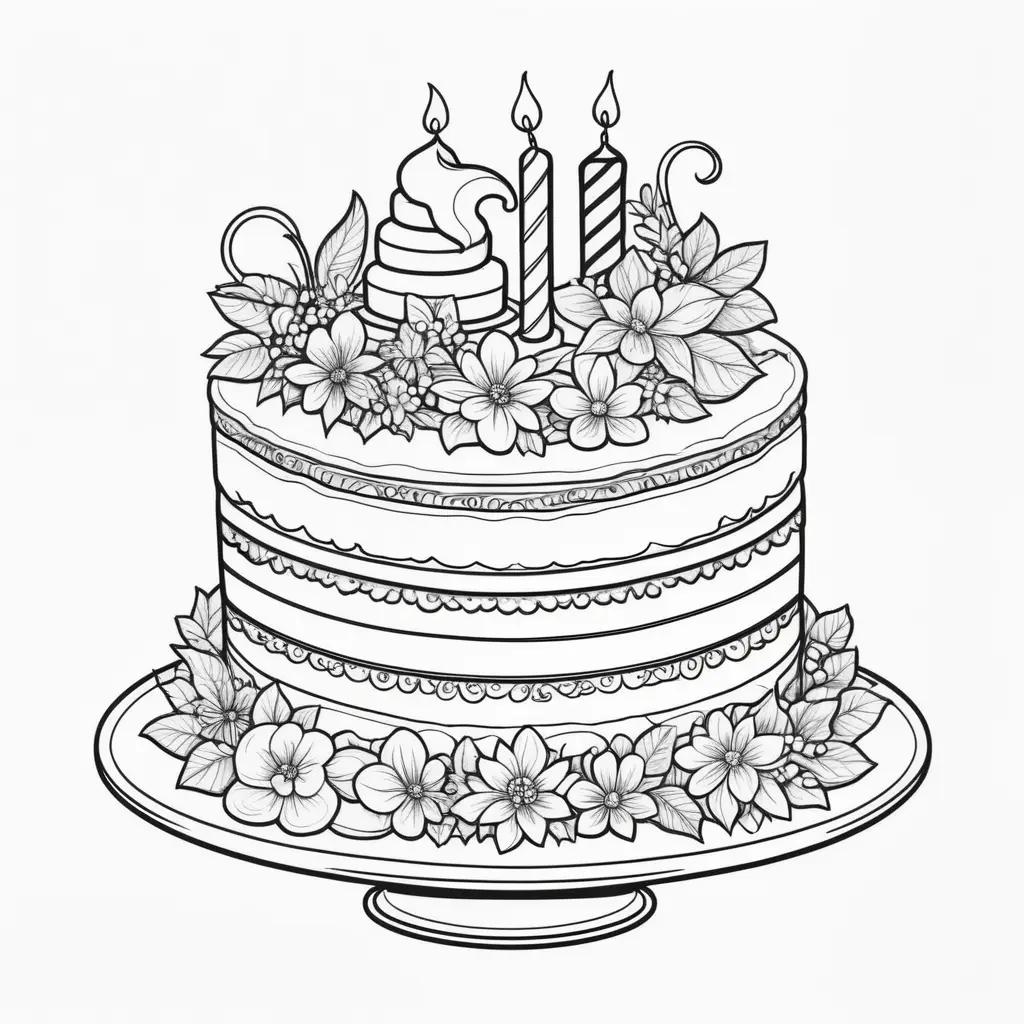 Black and white coloring page of a birthday cake