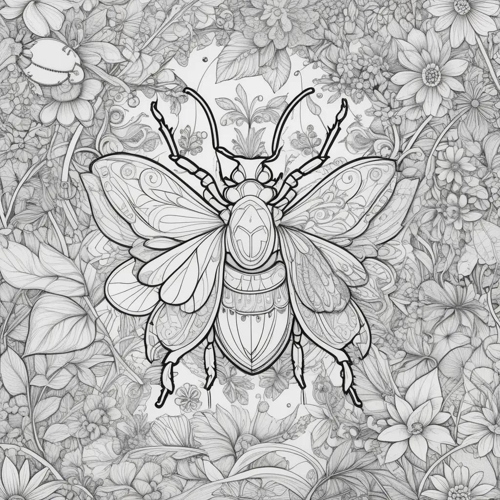 Black and white coloring page of a bug surrounded by flowers