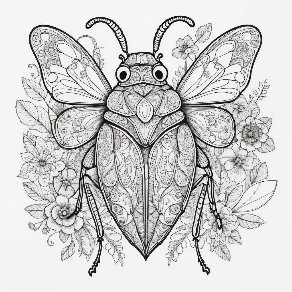 Black and white coloring page of a bug with floral background