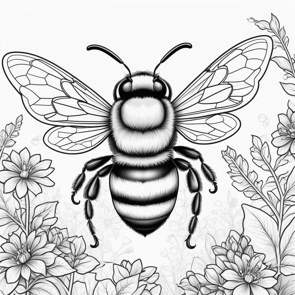 Black and white coloring page of a bumble bee with floral background