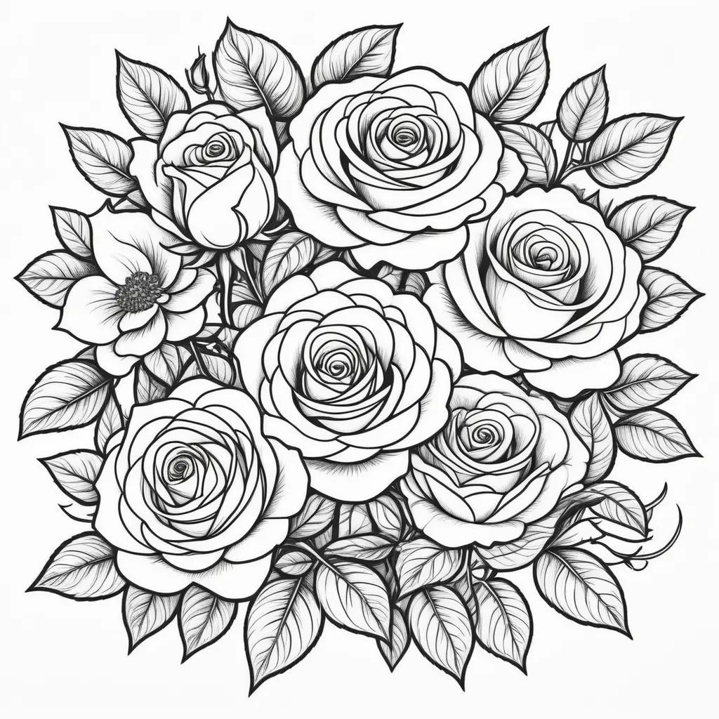 Black and white coloring page of a bunch of roses