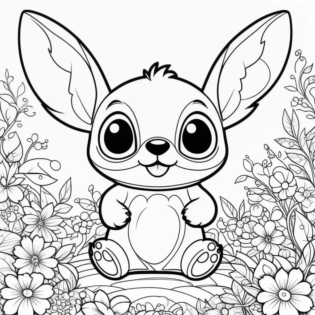 Black and white coloring page of a bunny with flowers