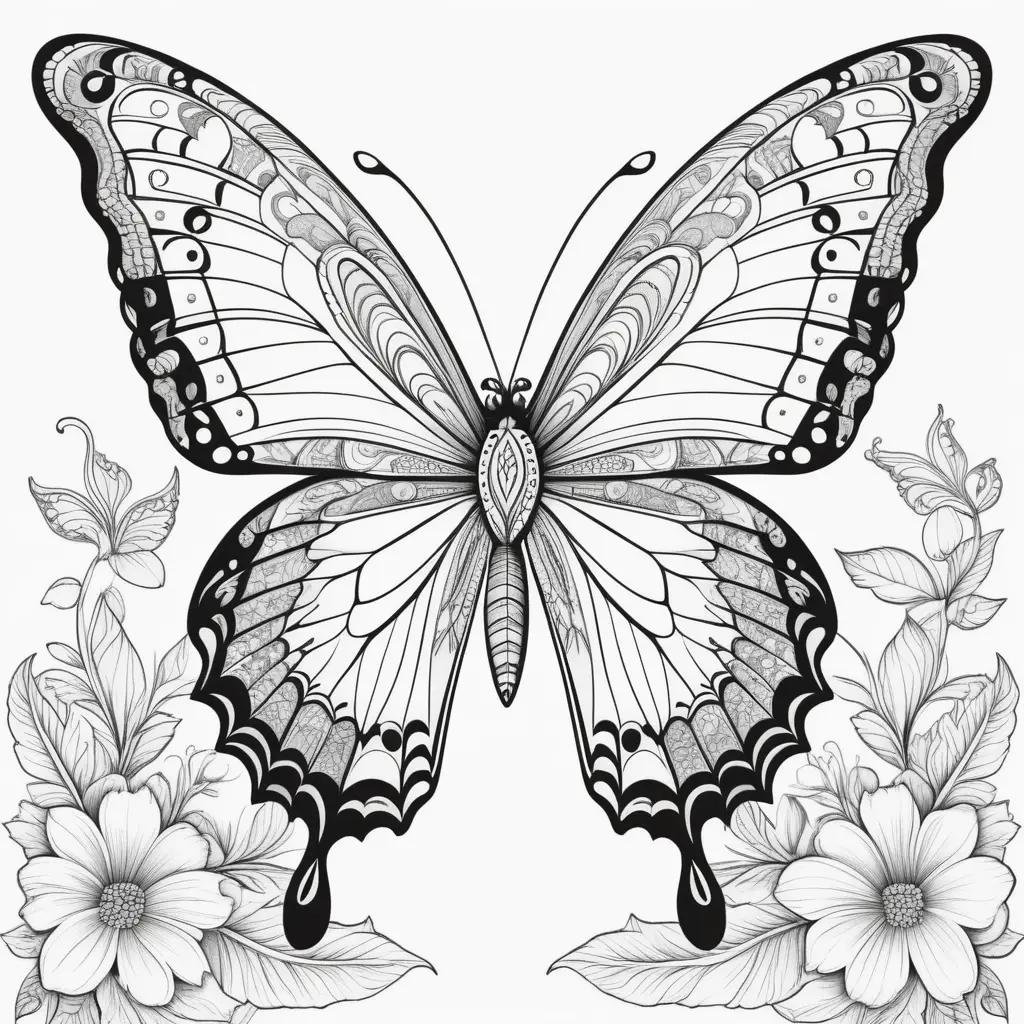 Black and white coloring page of a butterfly and flowers