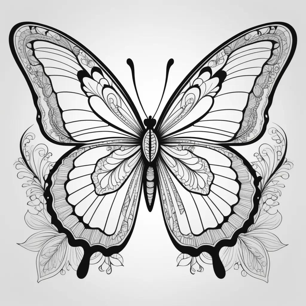 Black and white coloring page of a butterfly with flower designs