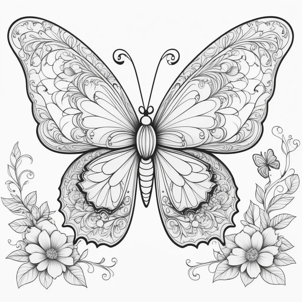 Black and white coloring page of a butterfly with flowers