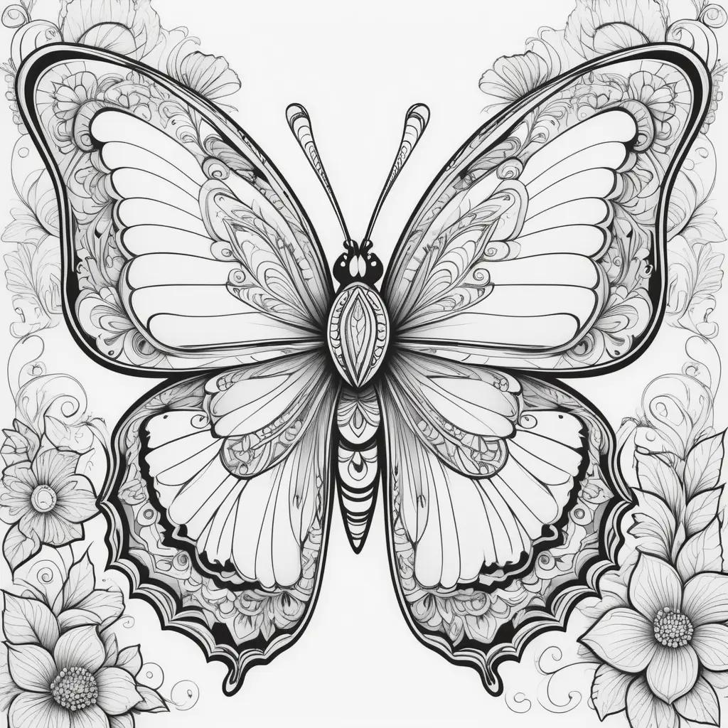 Black and white coloring page of a butterfly with flowers