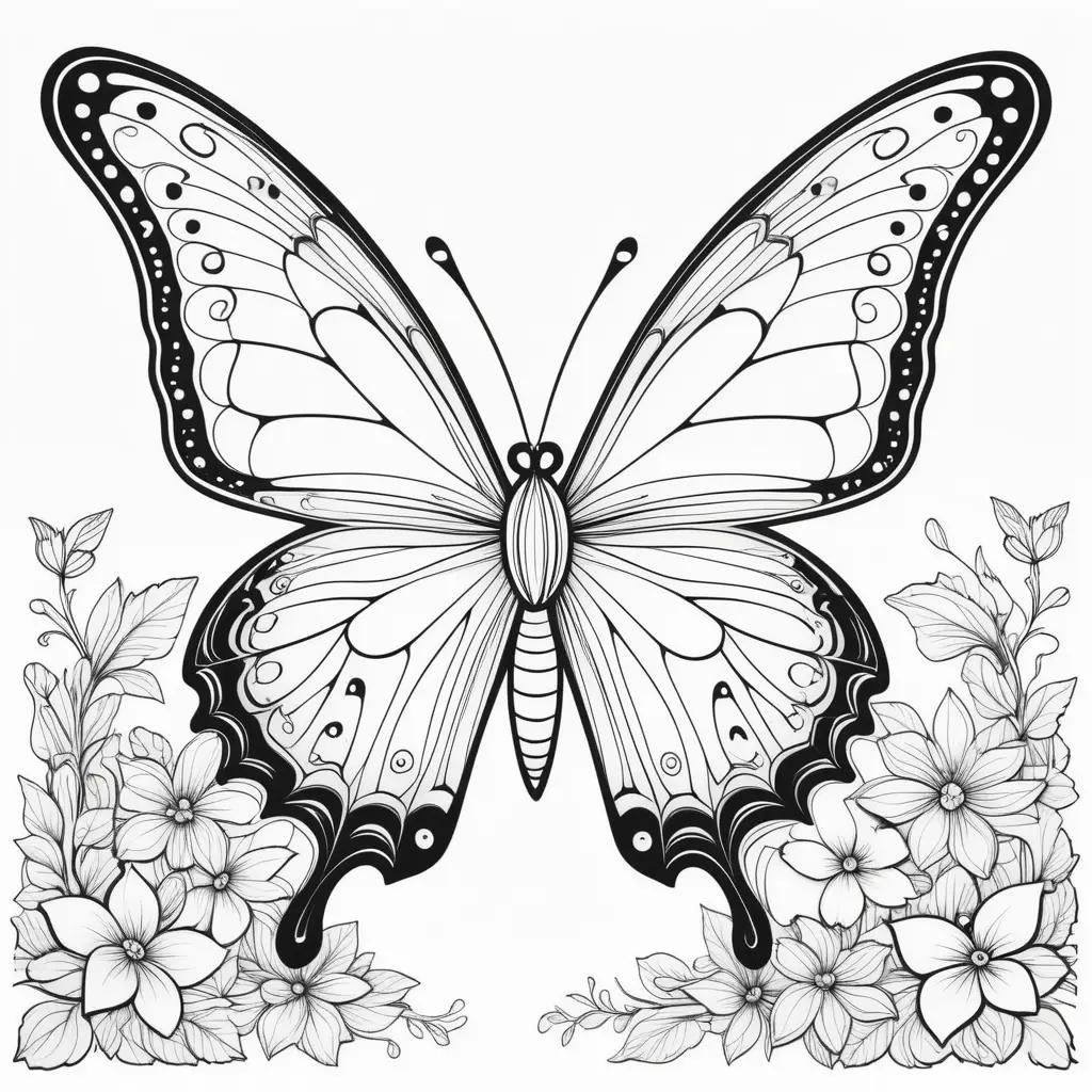 Black and white coloring page of a butterfly with flowers