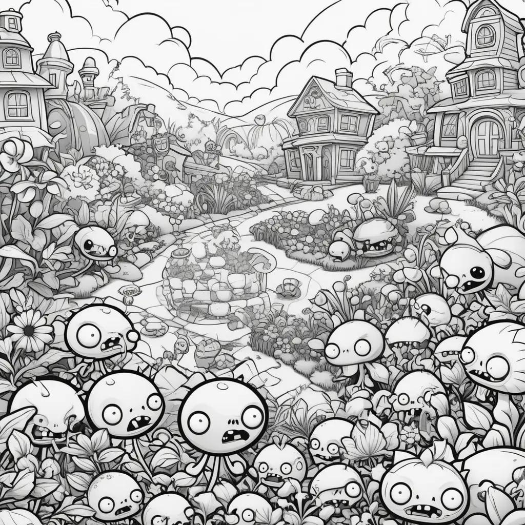 Black and white coloring page of a cartoon town with zombies