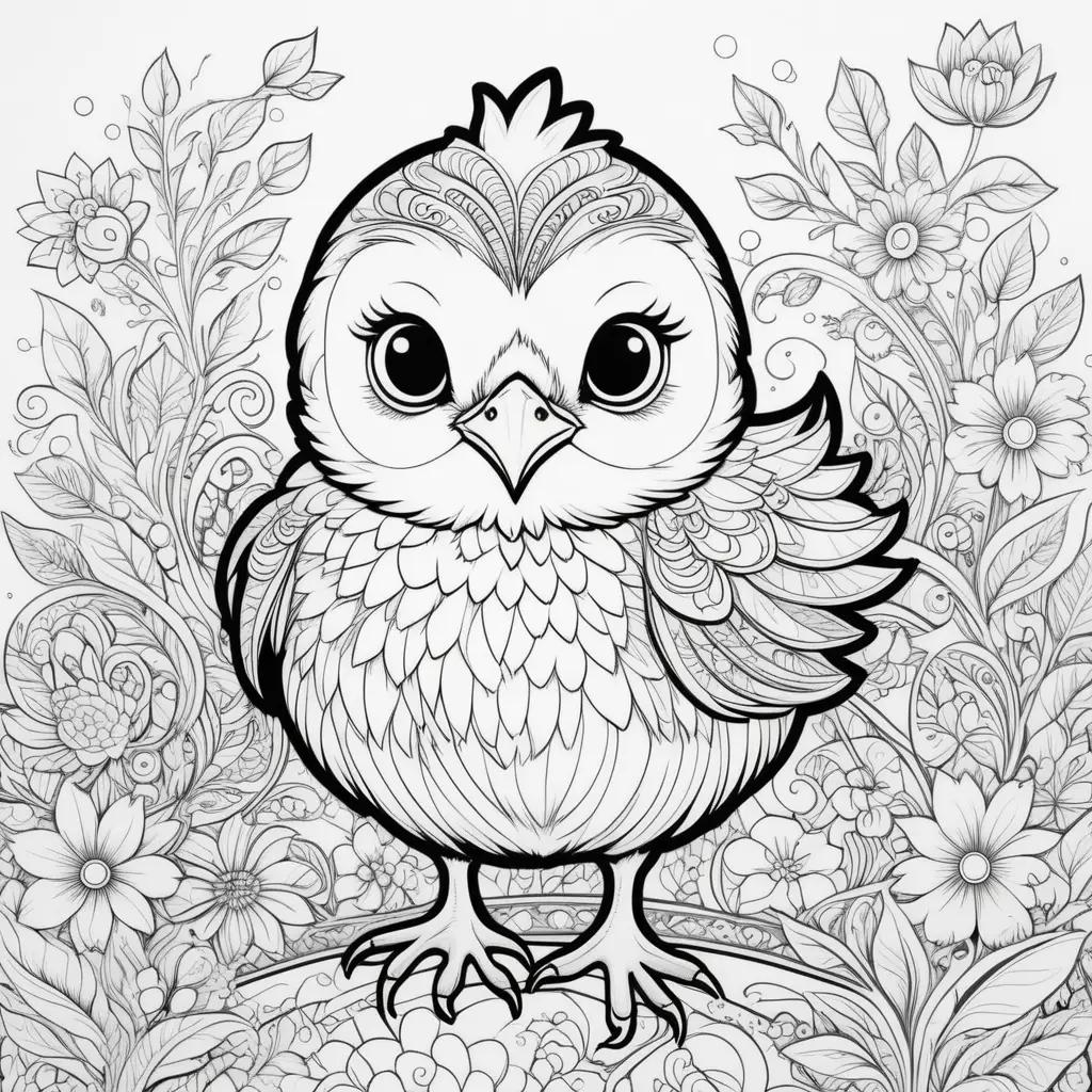 Black and white coloring page of a chick with floral background