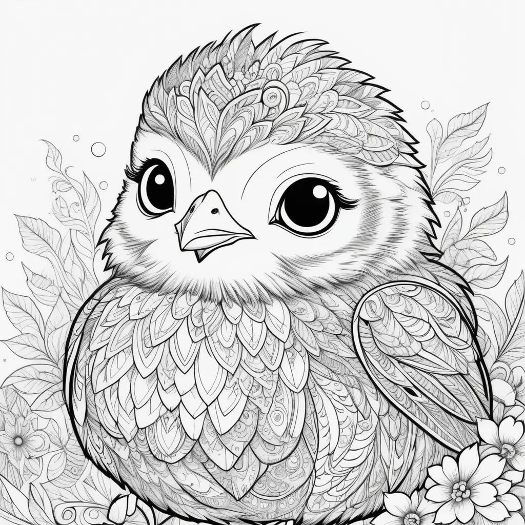 Black and white coloring page of a chick with flowers