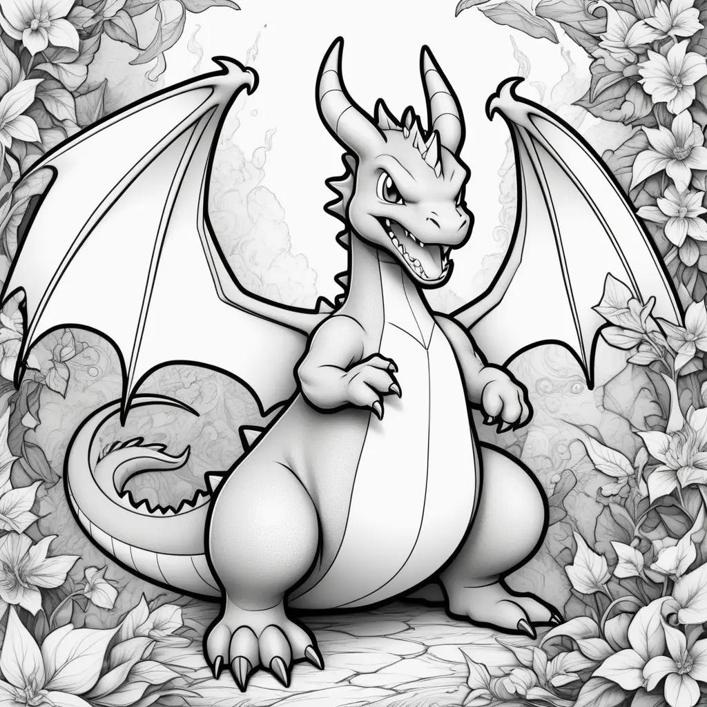 Black and white coloring page of a colorful Charizard