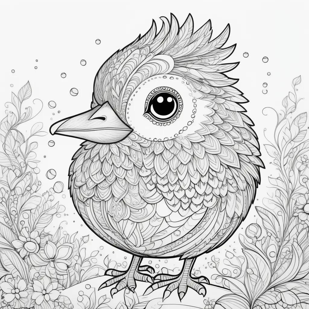 Black and white coloring page of a colorful chick