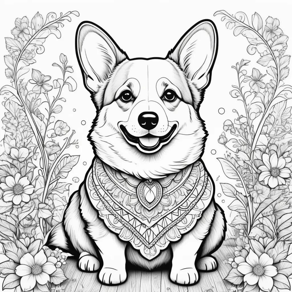 Black and white coloring page of a corgi wearing a necklace