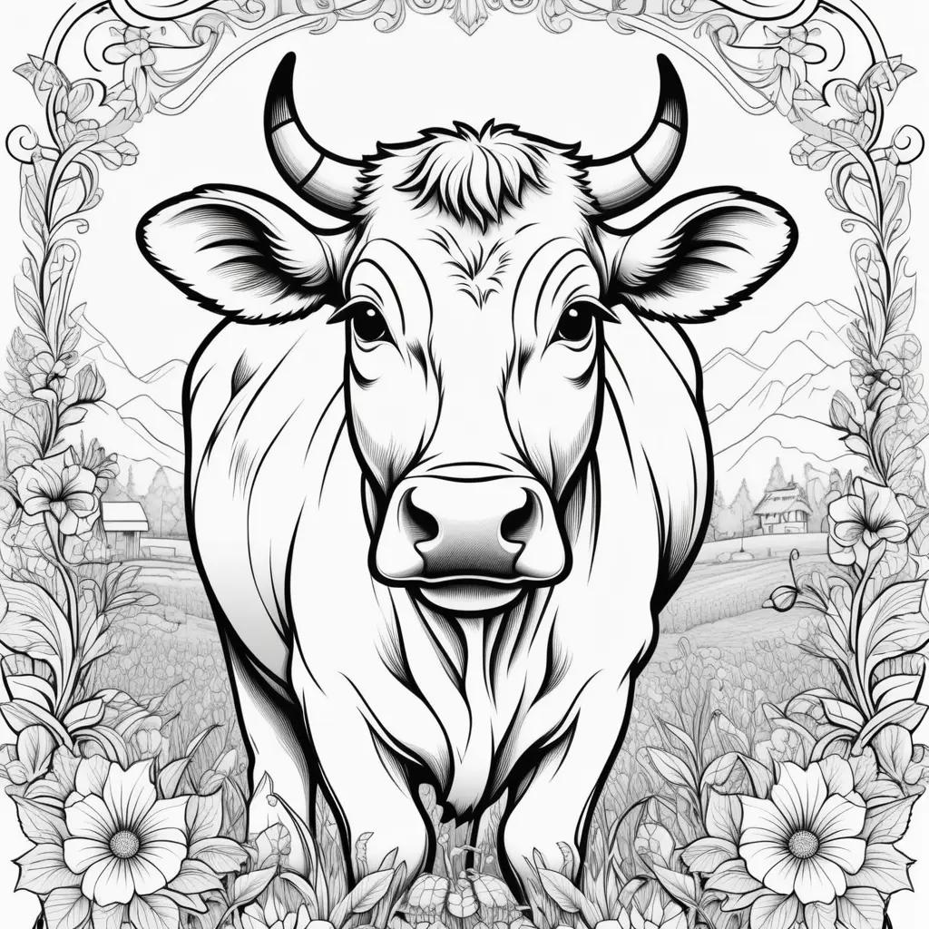 Black and white coloring page of a cow with flowers and leaves