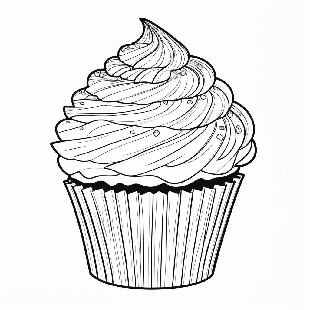 Black and white coloring page of a cupcake with whipped cream