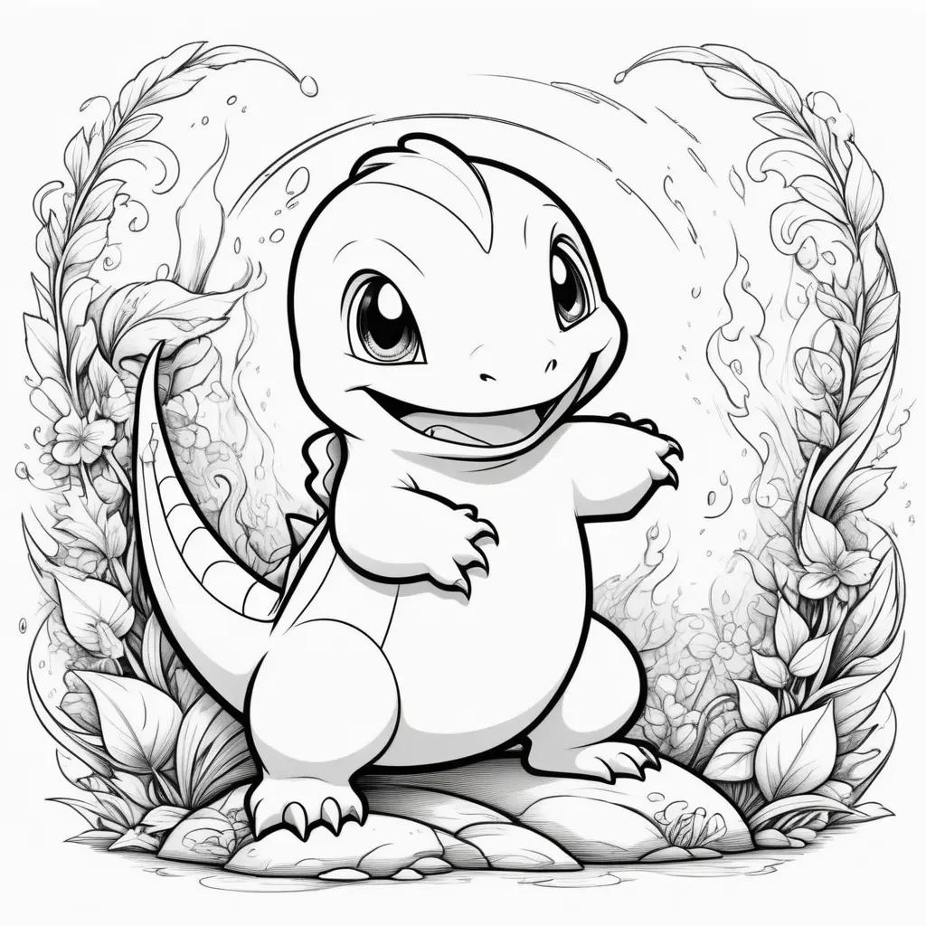 Black and white coloring page of a cute Charmander