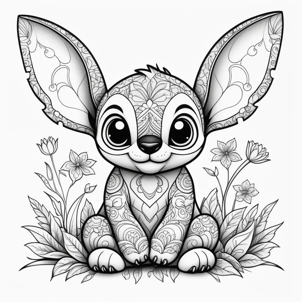 Black and white coloring page of a cute bunny with intricate stitched details