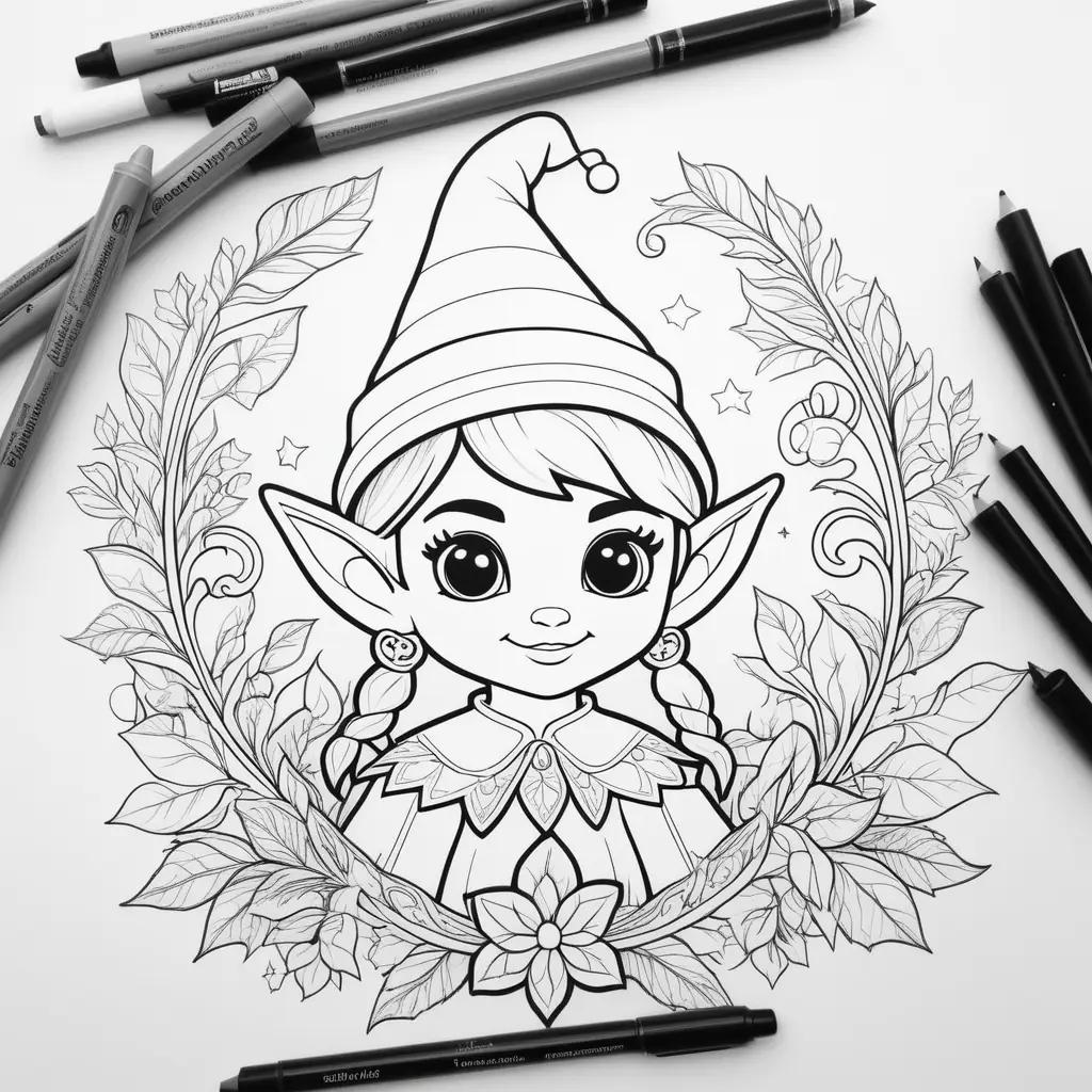 Black and white coloring page of a cute elf on the shelf