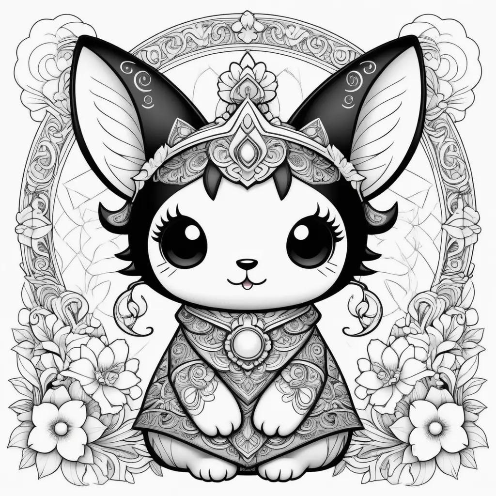 Black and white coloring page of a cute kuromi rabbit