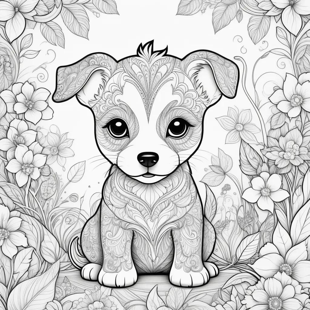 Black and white coloring page of a cute puppy with flowers around