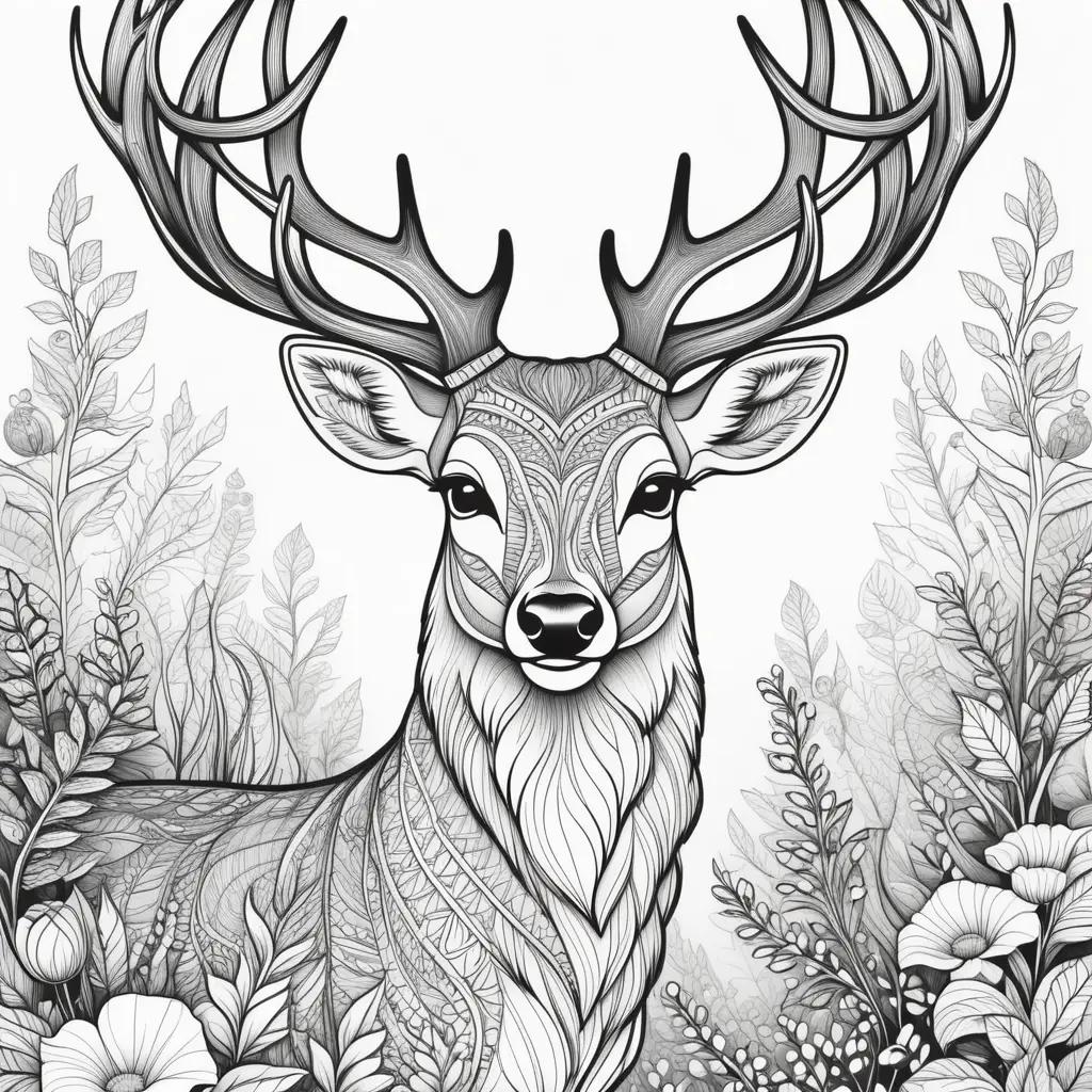 Black and white coloring page of a deer with a floral background