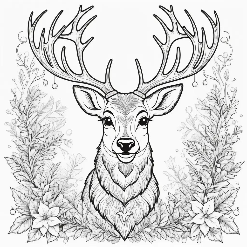 Black and white coloring page of a deer with antlers and a Christmas tree in the background