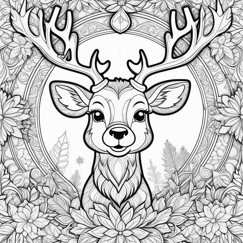 Black and white coloring page of a deer with antlers and a red nose