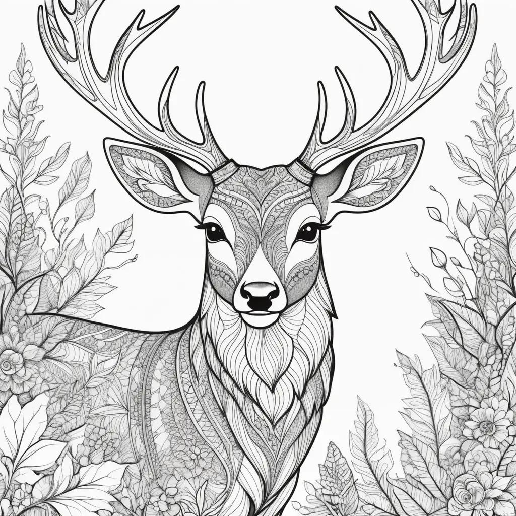 Black and white coloring page of a deer with antlers