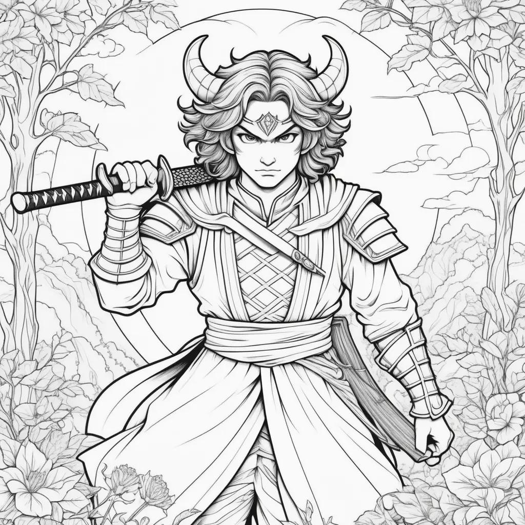 Black and white coloring page of a demon slayer holding a sword