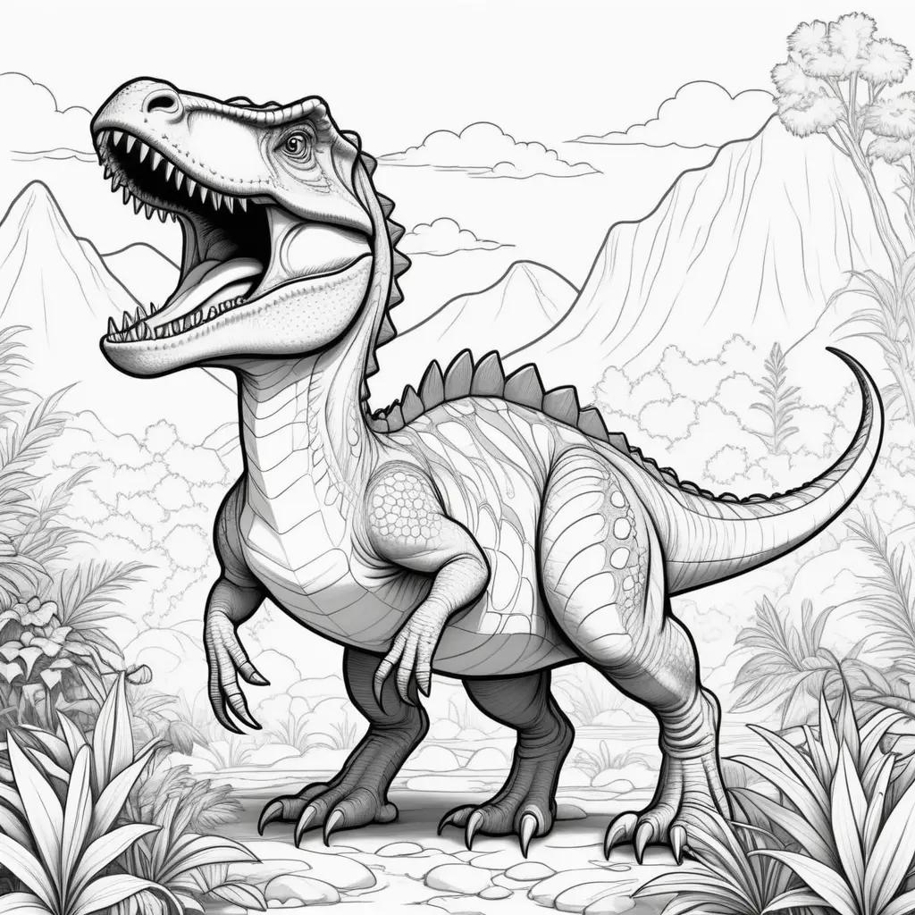 Black and white coloring page of a dinosaur in a forest