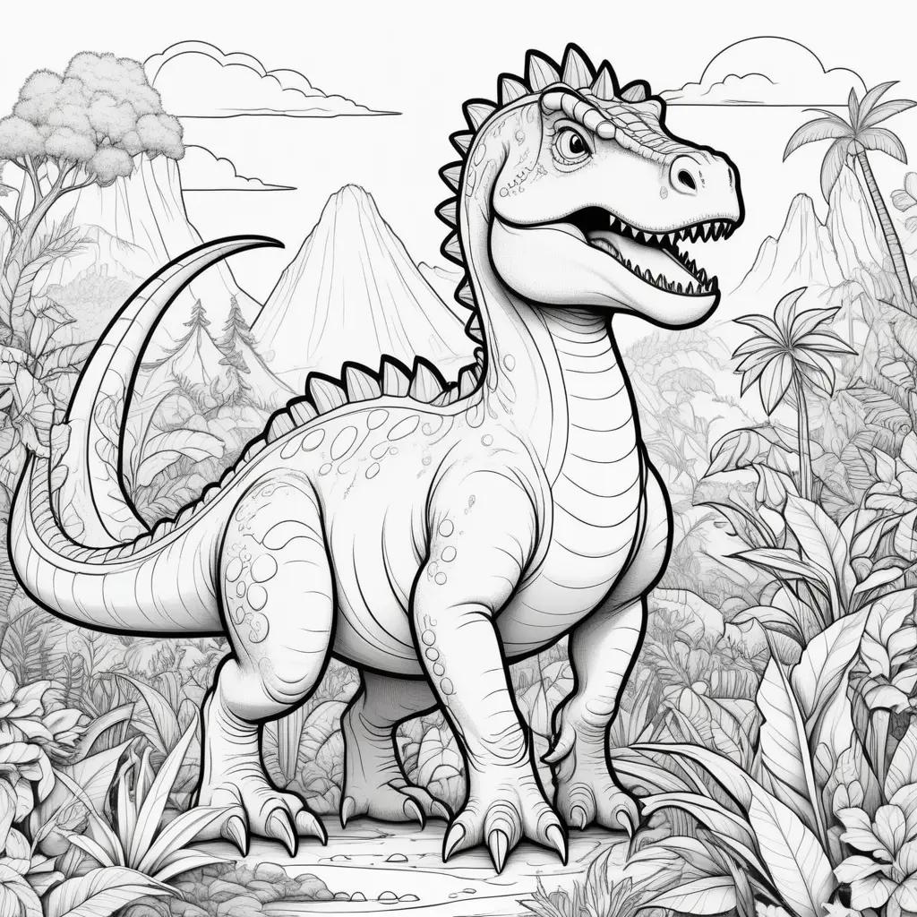 Black and white coloring page of a dinosaur in a jungle