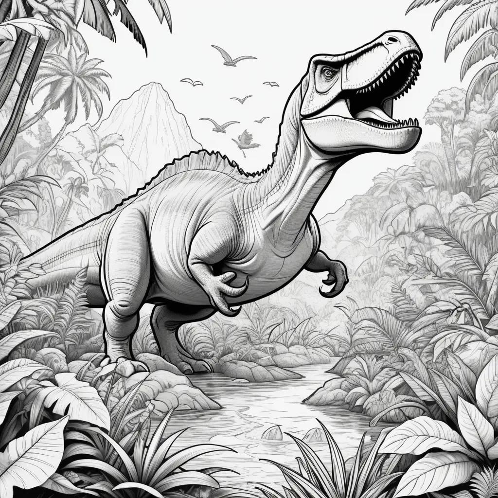 Black and white coloring page of a dinosaur in a jungle