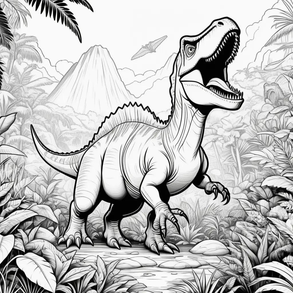 Black and white coloring page of a dinosaur in the jungle