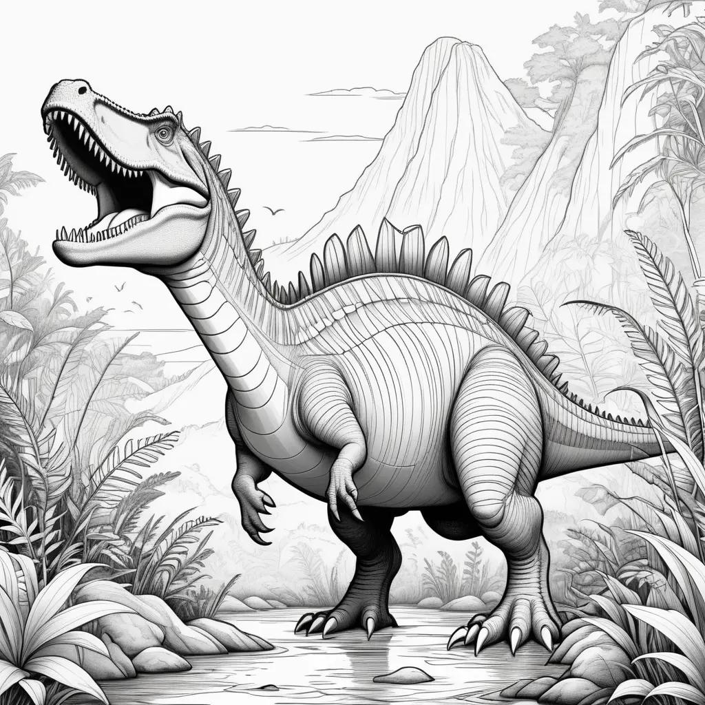 Black and white coloring page of a dinosaur named Spinosaurus