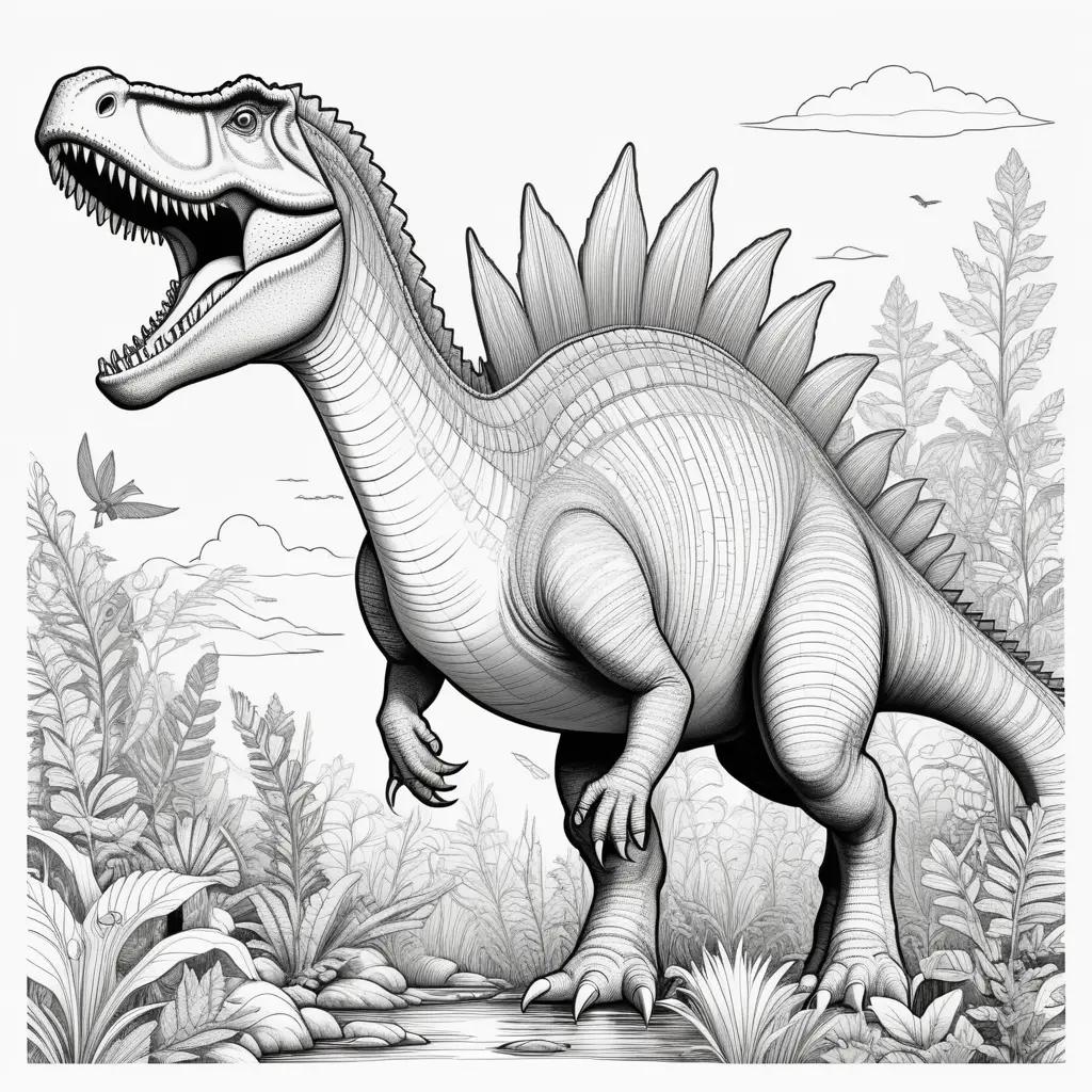 Black and white coloring page of a dinosaur with a big mouth