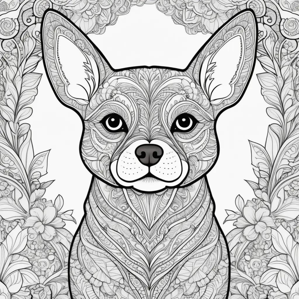 Black and white coloring page of a dog with floral design