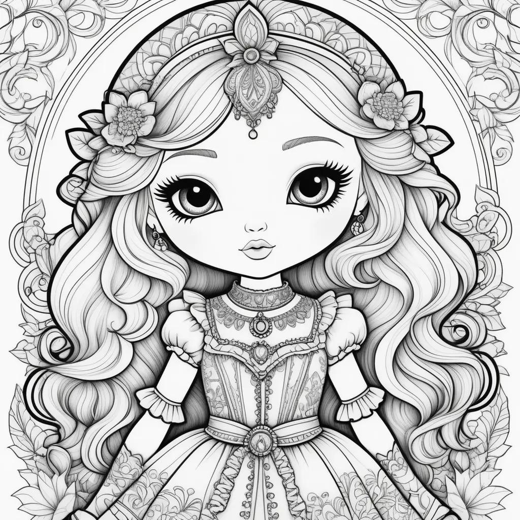 Black and white coloring page of a doll with a flower crown