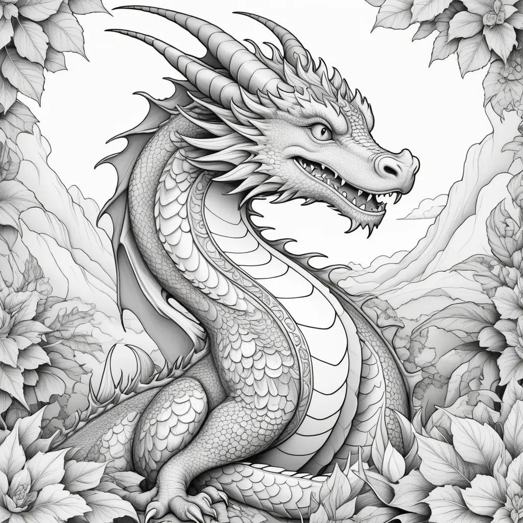 Black and white coloring page of a dragon