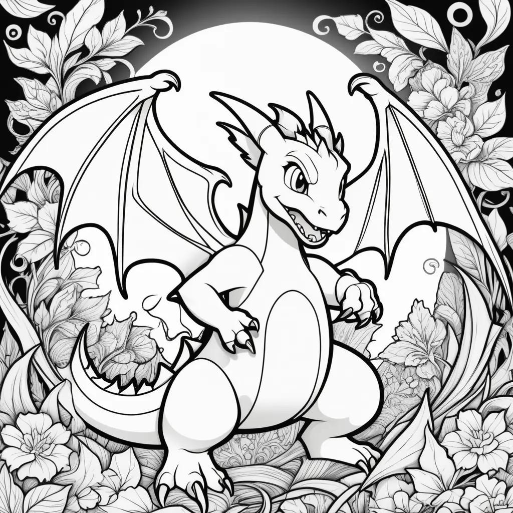 Black and white coloring page of a dragon with flowers and leaves